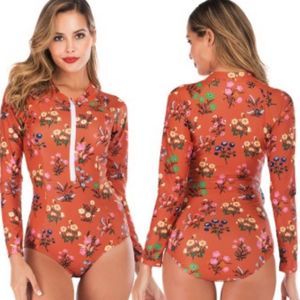 One Piece Swimsuit Orange Floral Long Sleeve Rash Guard High Neck Swimwear Large